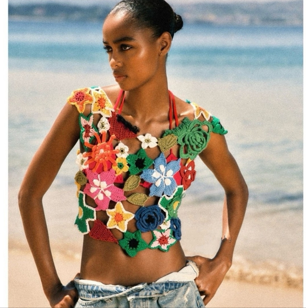 ZARA Colorful Crocheted Floral Open Knit Statement Top In XS/S NWT, RARE - Picture 2 of 16